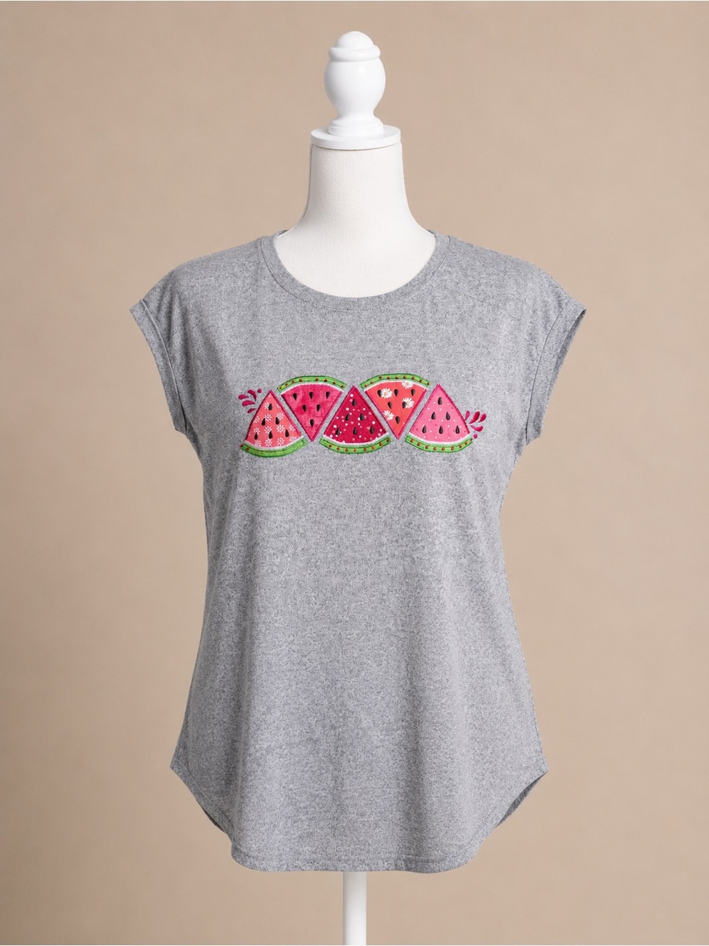 Clover + Pine XL Watermelon Embroidered Tee Gray Summer Top Cute Fruit